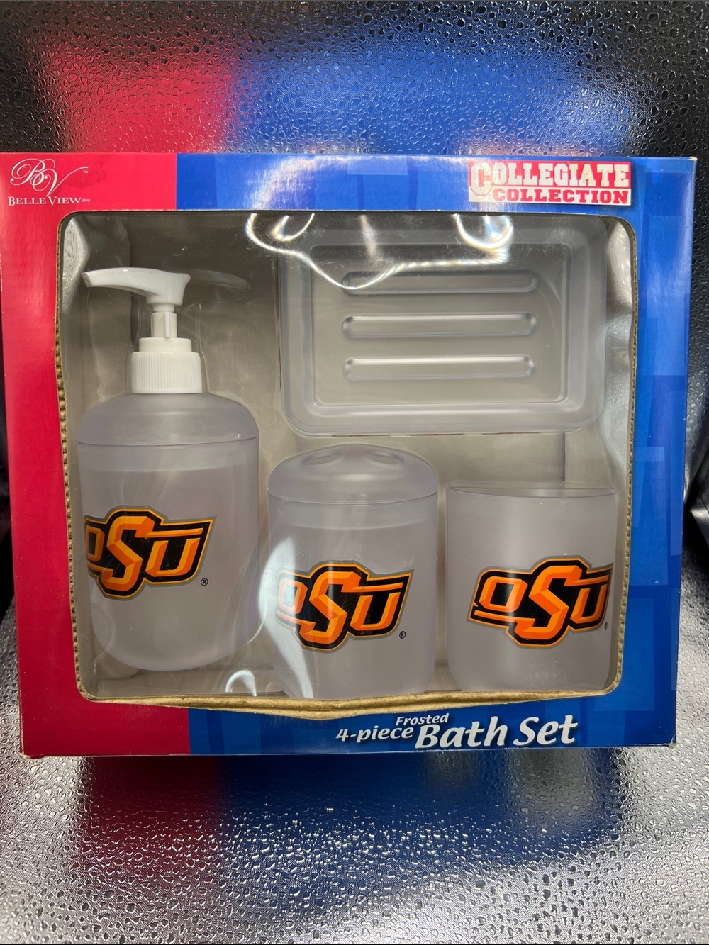 OSU Frosted 4-Piece Bath Set - Oklahoma State University. PLASTIC- NEW IN BOX